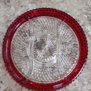 Indiana glass Ruby Flash 3 part relish dish diamond point.